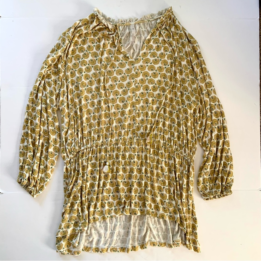 Melissa Mccarthy Seven7 Floral Top Womens 3X Yellow Long Sleeve Tassel Boho Soft